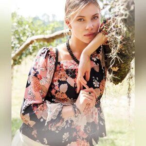 Spartina 449 Nina Blouse Linden Romantic Floral Black Pink Peplum Top Medium